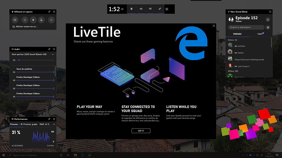 Bannière de l'épisode 152 de LiveTile. L'image reprend les visuels de la dernière Game Bar développée par Microsoft sur Windows 10