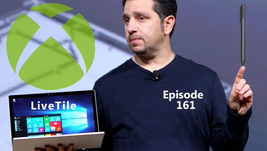 Bannière d'illustration de l'épisode 161 de LiveTile avec Panos Panay tenant un SurfaceBook