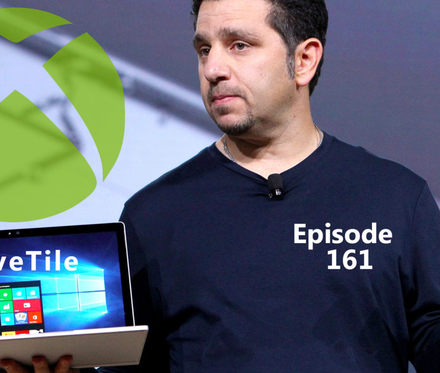 Bannière d'illustration de l'épisode 161 de LiveTile avec Panos Panay tenant un SurfaceBook